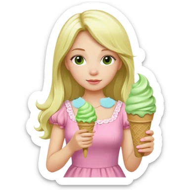 girl blonde long hair in pink dress,  holding matcha ice cream sticker