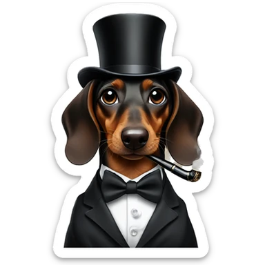 Daschund in a tuxedo smoking a pipe, wearing a monacle and wearing a tophat sticker