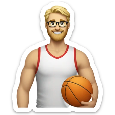 a blond guy with a beard, glasses, and a goofy grin, who has a thick face but isn't fat, holding a basketball in one hand and a volleyball in the other with a whistle around their neck. Should be wearing shorts and a t-shirt and red crocs. sticker