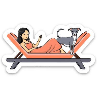 Very thin Chinese woman with long black hair relaxing on a spa lounger with exactly ONE Italian greyhound. CRITICAL REQUIREMENT: the dog must be ONE SOLID DARK CHARCOAL GREY COLOR from nose to tail with NO WHITE or LIGHT AREAS anywhere - NO white face, NO white muzzle, NO white chest, NO white paws, NO white tail tip - NOTHING BUT A SINGLE SHADE OF DARK GREY throughout the entire animal sticker