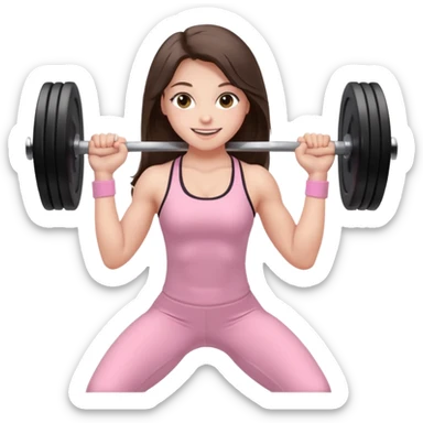 white happy brunette teen long hair with hazel eyes in light pink workout clothes holding a barbell bending over sticker