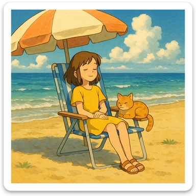 girl and her cat on the beach, sitting in a chair under the sun, ghibli style sticker