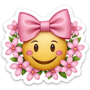 there will be pink blossoms on the border with petals in the background. in the middle therer will be a blushing smily face with a bow sticker