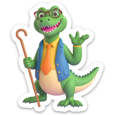 a grandpa alligator, gentle and wise, with glasses and a cane, in a friendly pose sticker