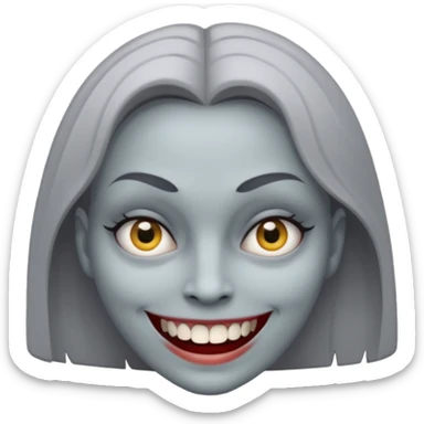 woman with gray skin and white blank eyes and a scary smile sticker