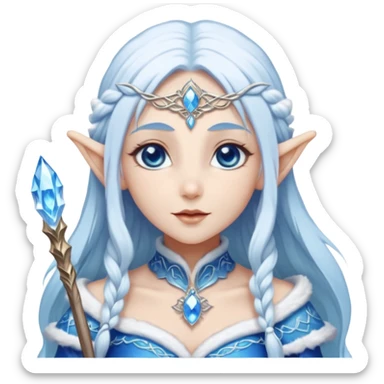 Legendary fantasy Christmas elf portrait icon, Santa Claus and Snow Maiden inspired, ancient winter spirit style, long flowing white-blue hair, glowing frost eyes, crystal staff, elegant elven features, divine winter magic aura, icy silver color palette, highly detailed but clean emoji icon sticker
