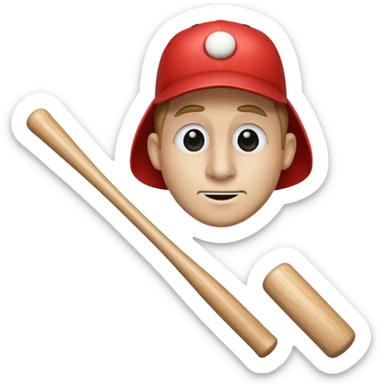 A wooden baseball bat holding another baseball bat with a face a long nose sticker