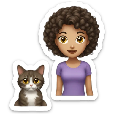 Young brunett woman with curly hair and a cat sticker