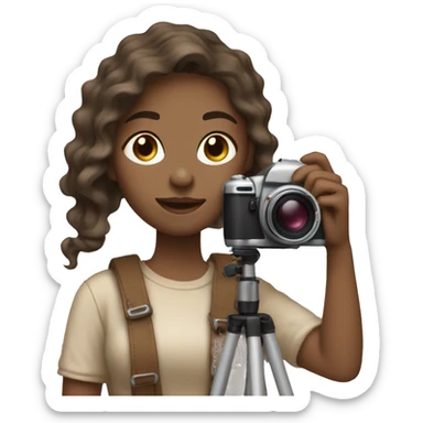 An aesthetic girl photographer holding a camera (in beige, neutral tones) light skin tone, mid hair length with brown waves  sticker