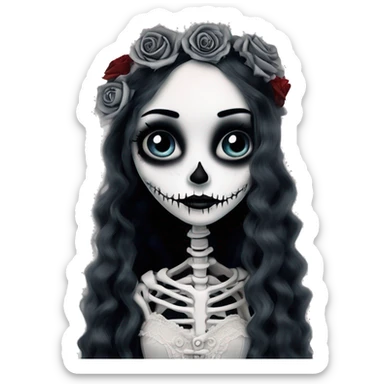 full height skeleton, tim burton "corpse bride", thin porcelain doll with a cracked face, goth makeup watery eyes, long hair, lace and ruffles, lolita style, inked, black and white, red roses sticker