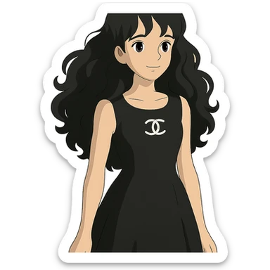 light skin girl with black very long curly hair, brown eyes, wearing a black Chanel dress, in ghibli style sticker