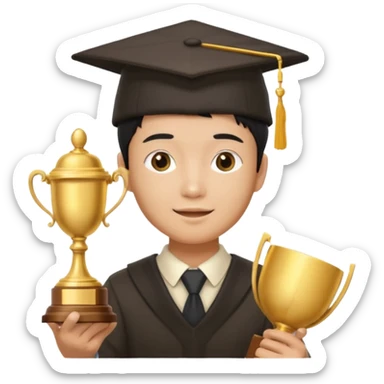 An asian man wearing student hat, holding a trophey sticker