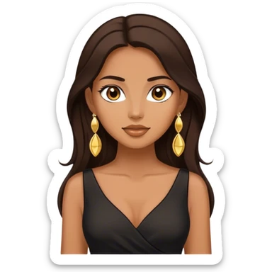 Beautiful woman,cute, long dark brown hair in dark dress with gold earrings sticker