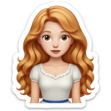 white woman  with strawberry blonde super long wavy hair, white skirt, blushed cheeks sticker