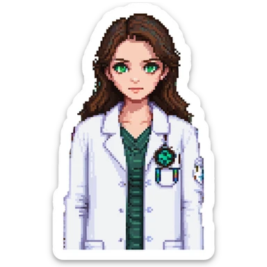 A brunette with dark green eyes in a science lab coat sticker