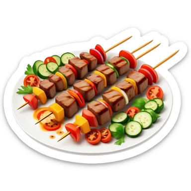Cinematic Realistic Shish Kebab Dish Emoji, showcasing skewered, grilled meat with vibrant vegetables rendered with dynamic textures and warm, inviting lighting. sticker
