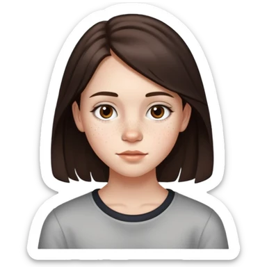 13 year old girl with mid length dark brown hair with minimal highlights, freckles, big forehead and nice lips sticker