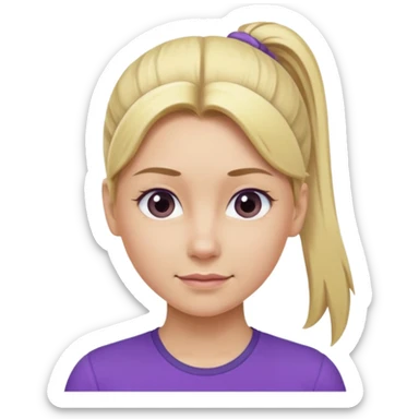 Blond woman with pony tail and purple shirt sticker