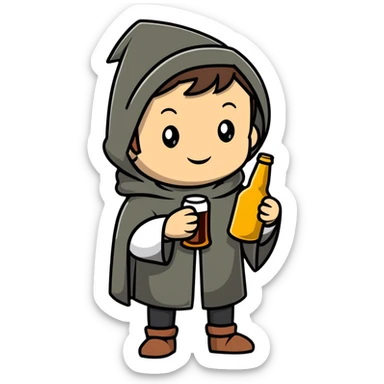 young medieval pilgrim with cloak and beer bottle sticker