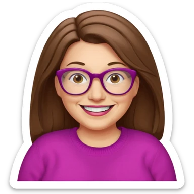 50 yr Caucasian woman, long brown hair parted on side, brown eyes, glasses, big smile, white teeth, fuscia sweater, chubby sticker