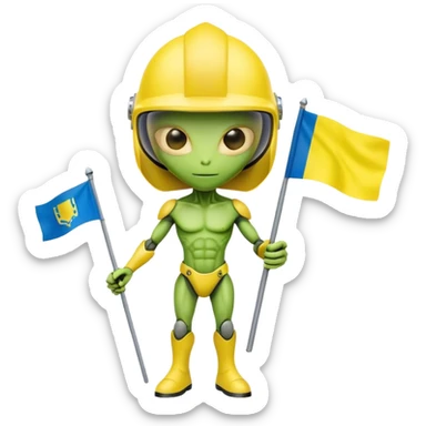 Green alien in helmet, with Ukraine flag in a hand sticker