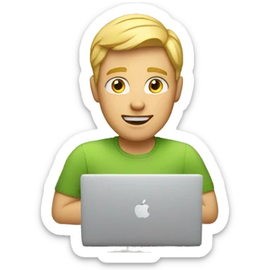 a blonde guy working behind a macbook sticker