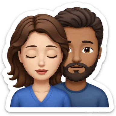 White woman (brown hair with eyes closed) and brown man with black wavy hair (has a a beard with his eyes closed too). The woman has her lips on the forehead of the man. sticker