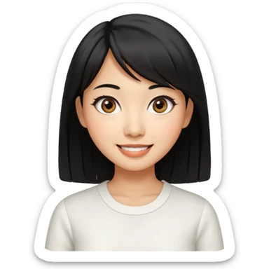 30 yr old asian woman center parted hair big eyes big smile tanned skin straight black hair hippie part hair white blouse shoulder length hair middle parted hair few short bangs at front trendy hair sticker