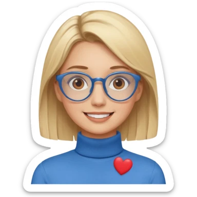 Asthectic pretty Blonde women brown eyes, blue glasses, wearing a brown polo neck shirt and smiling with hearts around her. sticker