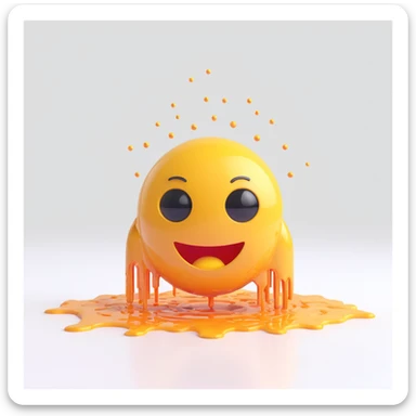 melting emoji face in front of a futuristic AI robot, emoji fading into digital particles, colorful flat 3D icon style, neon colors, white background sticker