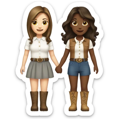 two brunette sisters both white, one with long hair, one with short hair. They are holding hands in cute mini dresses and cowboy boots sticker