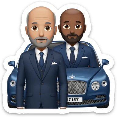 Slightly Balding with frencb beard graying indian guy in suit with a bentley names professor bw tlt sticker