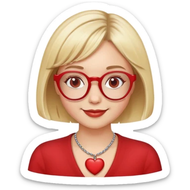 white girl head with short blonde bob hair, red round glasses, heart necklace, smiling sticker