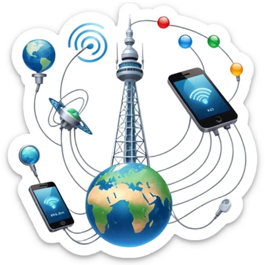 An icon featuring a communication tower with signal waves, satellites in orbit, and fiber optic cables. The design includes a smartphone, message bubbles, and a globe with connection lines, symbolizing global communication networks. Transparent background  sticker