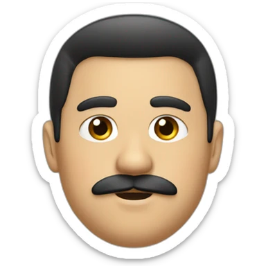 Fat, young, eye black, hair black, thin mustache think, sticker