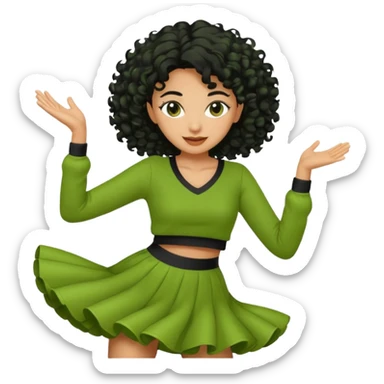 a woman with olive skin tone and curly black hair wearing green and dancing sticker