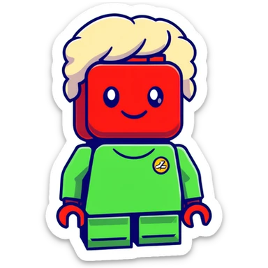 A cartoon red Lego brick with a cute face and rosy cheeks sticker