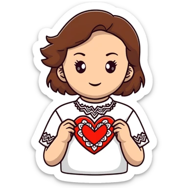 Beautiful young girl with brown hair in a white Ukrainian embroidered shirt holding a large embroidered heart sticker