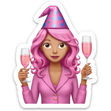 One lady with long pink curled hair and tan skin holding a glass of  pink champagne in each hand sticker