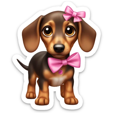 A mini dashund puppy with pink bows in its ear and big eyes and small legs  sticker