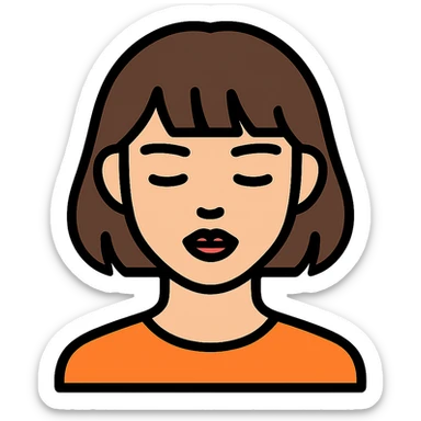 A young Asian woman with short, dark brown hair with bangs, neutral facial expression, closed eyes, vibrant red lips, light beige skin tone, close-up portrait, plain white background, cartoon-like and stylized, bright and saturated colors, even and flat lighting, neutral atmosphere, color outline style. sticker