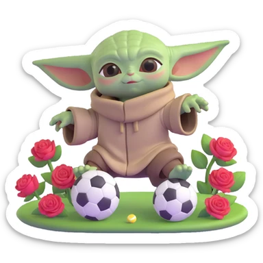 baby Yoda kicking a soccer ball with small roses beside him sticker