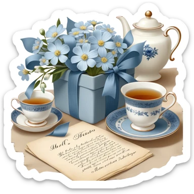 A timeless arrangement of a dusty blue silk ribbon loosely wrapped around a bundle of aged letters, with pressed white flowers and a porcelain tea set in the background.
 sticker