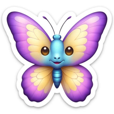 Cinematic Cute Butterfly Portrait Emoji, Head tilted playfully and inquisitively, featuring a charming, petite form with intricately detailed, softly tinted wings and round, sparkling eyes full of gentle wonder, Simplified yet irresistibly adorable features, highly detailed, glowing with a warm, inviting pastel glow, high shine, affectionate and lively, stylized with a touch of whimsical garden charm, soft glowing outline, capturing the essence of a mischievous butterfly that seems as if it could dance out of the screen into your arms! sticker