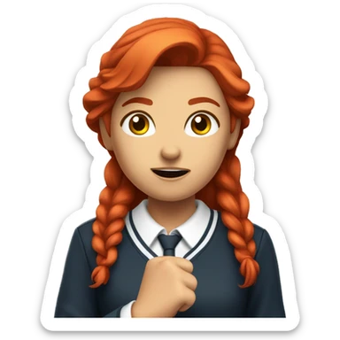 "A girl with red hair in a school uniform, angrily standing with her fist raised in a classroom." sticker