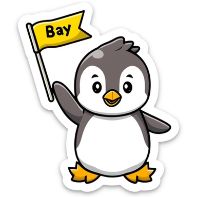 smiling penguin holding 'Happy B-Day' banner sticker