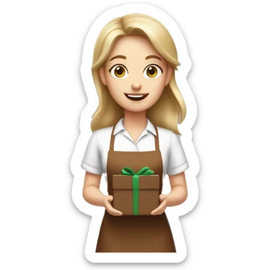 white girl in brown apron with gift box sticker