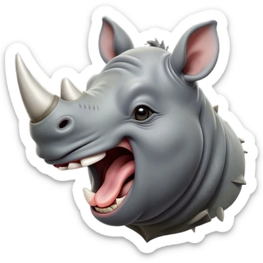 Cinematic Cute Yawning Rhinoceros Portrait Emoji, Head tilted slightly with a dramatic, wide-open yawn, showcasing a soft, textured slate-gray hide with a slightly drooping horn and eyes barely open in drowsy contentment, Simplified yet irresistibly adorable features, highly detailed, glowing with a soft, cozy glow, high shine, relaxed yet expressive, stylized with a touch of rugged whimsy, bright and endearing, soft glowing outline, capturing the essence of a sleepy yet affectionate rhinoceros, so drowsy it feels like it could stretch out of the screen and curl up for a nap! sticker