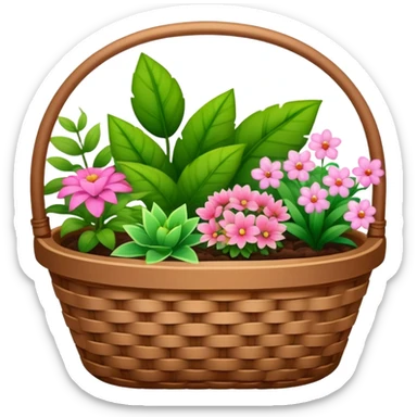 A brown basket of different types of plants with some pink aesthetic motives on the basket in an ios 18 emoji  sticker