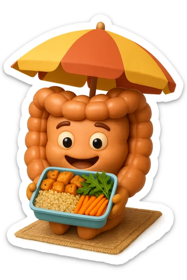 EMOJI STILE IPHONE DI INTESTINO IN SPIAGGIA SU UNA SPIAGGINA SOTTO L'OMBRELLONE CON IN MANO UNA SCHISCETTA DI Insalata di quinoa e pollo con rucola e carote, iperrealistica 4k sticker